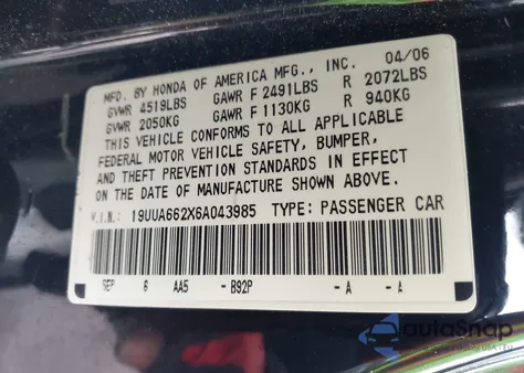 2006 Acura Tl z USA, uszkodzony, nr VIN 19UUA662X6A043985